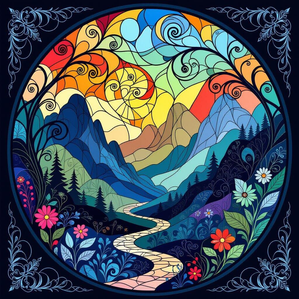 Ethereal Fantasy Landscape in Stained Glass Style