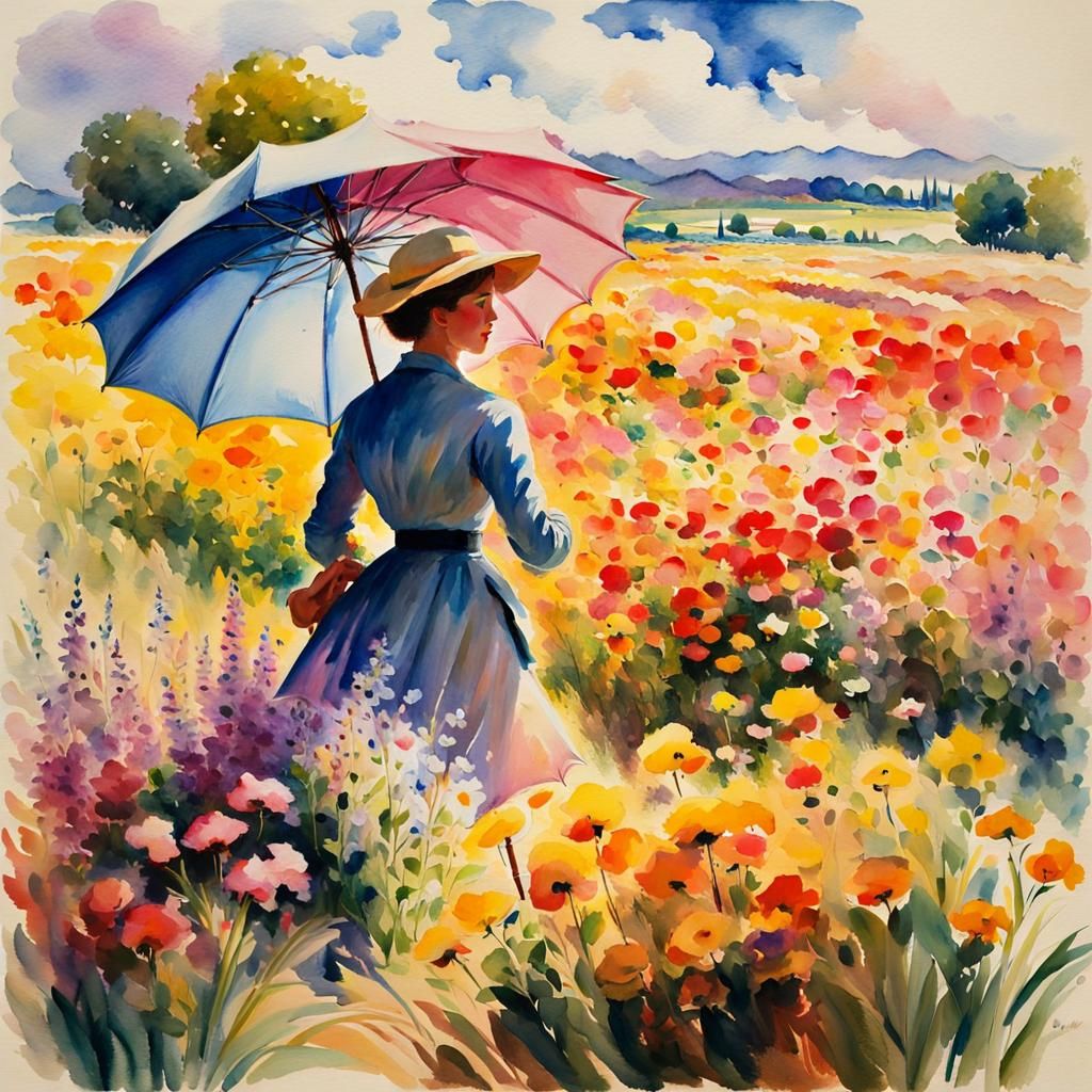 Woman with Umbrella in Windy Flower Field: Impressionist Wat...