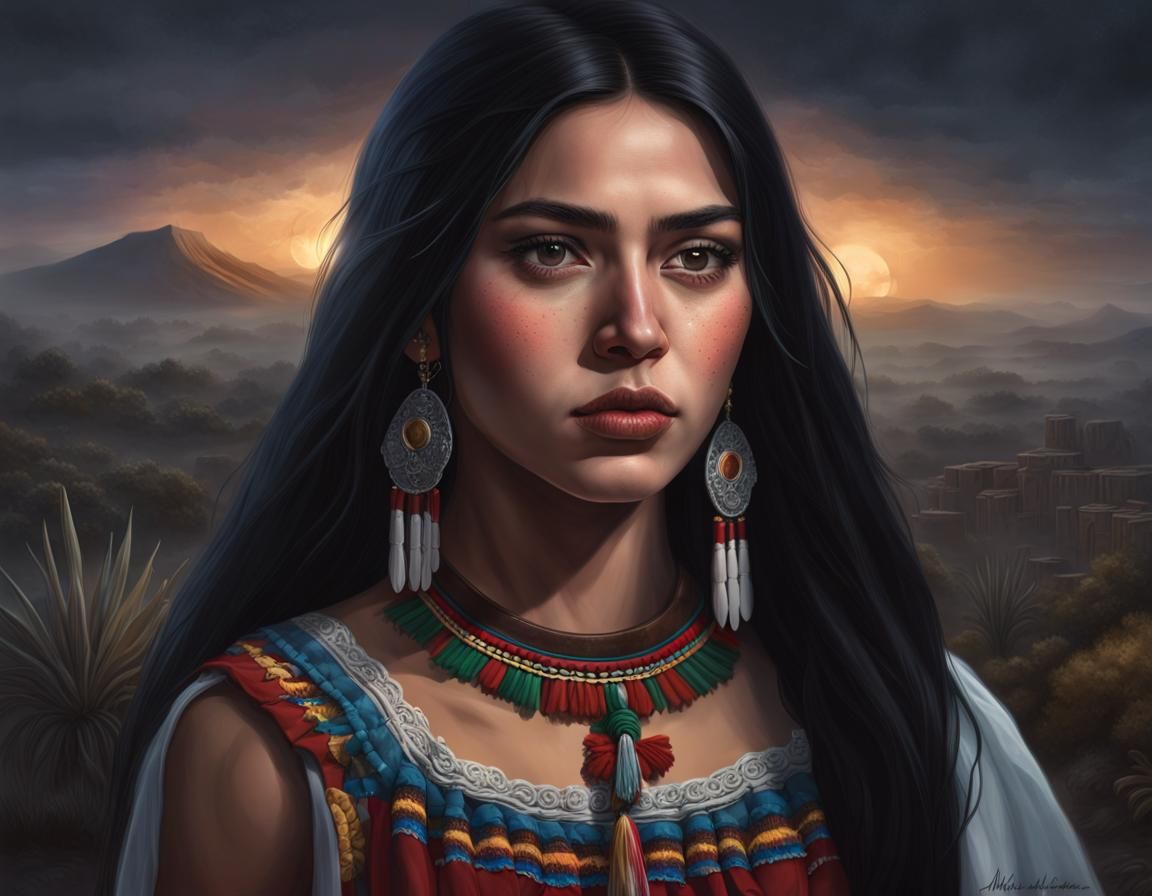 Portrait of native ancient mexican girl, slim-muscular, 18ys...