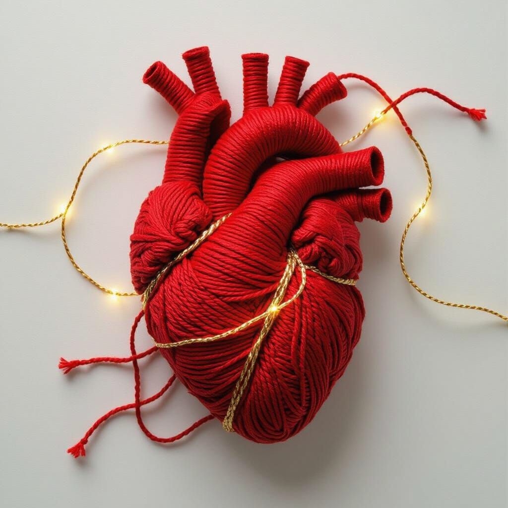 Red Yarn Heart Unraveling with Golden Thread