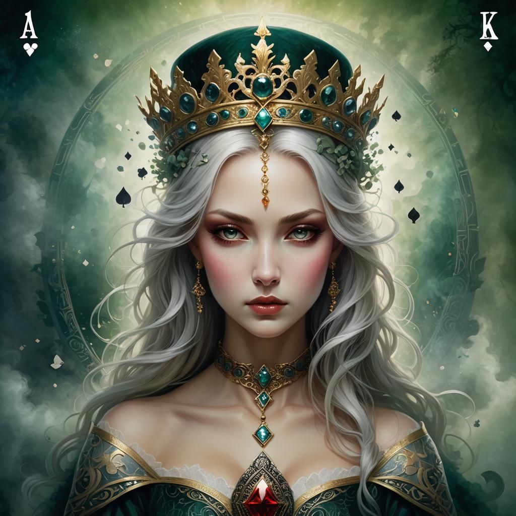 Beautiful Queen Poker Card in Fantasy Art Style
