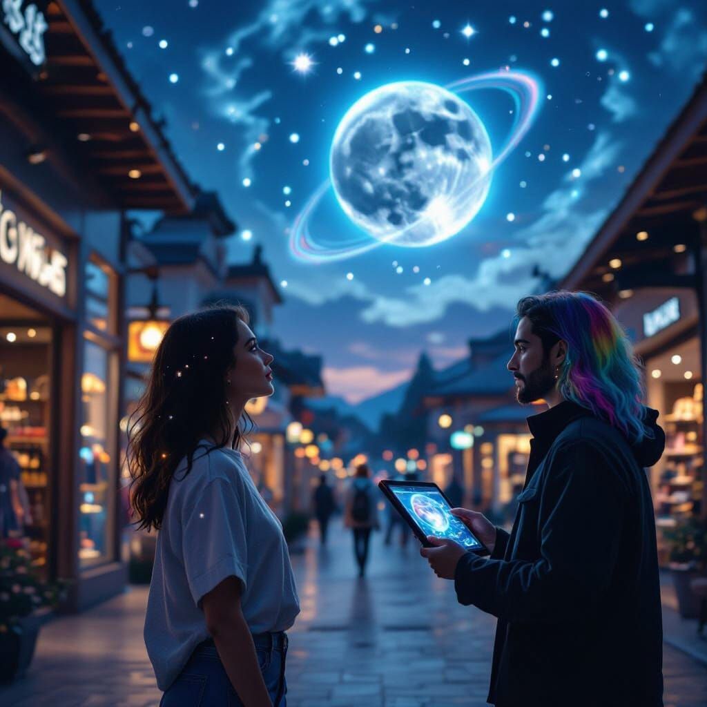 Magical Night Sky with Cube Earth, Digital Art