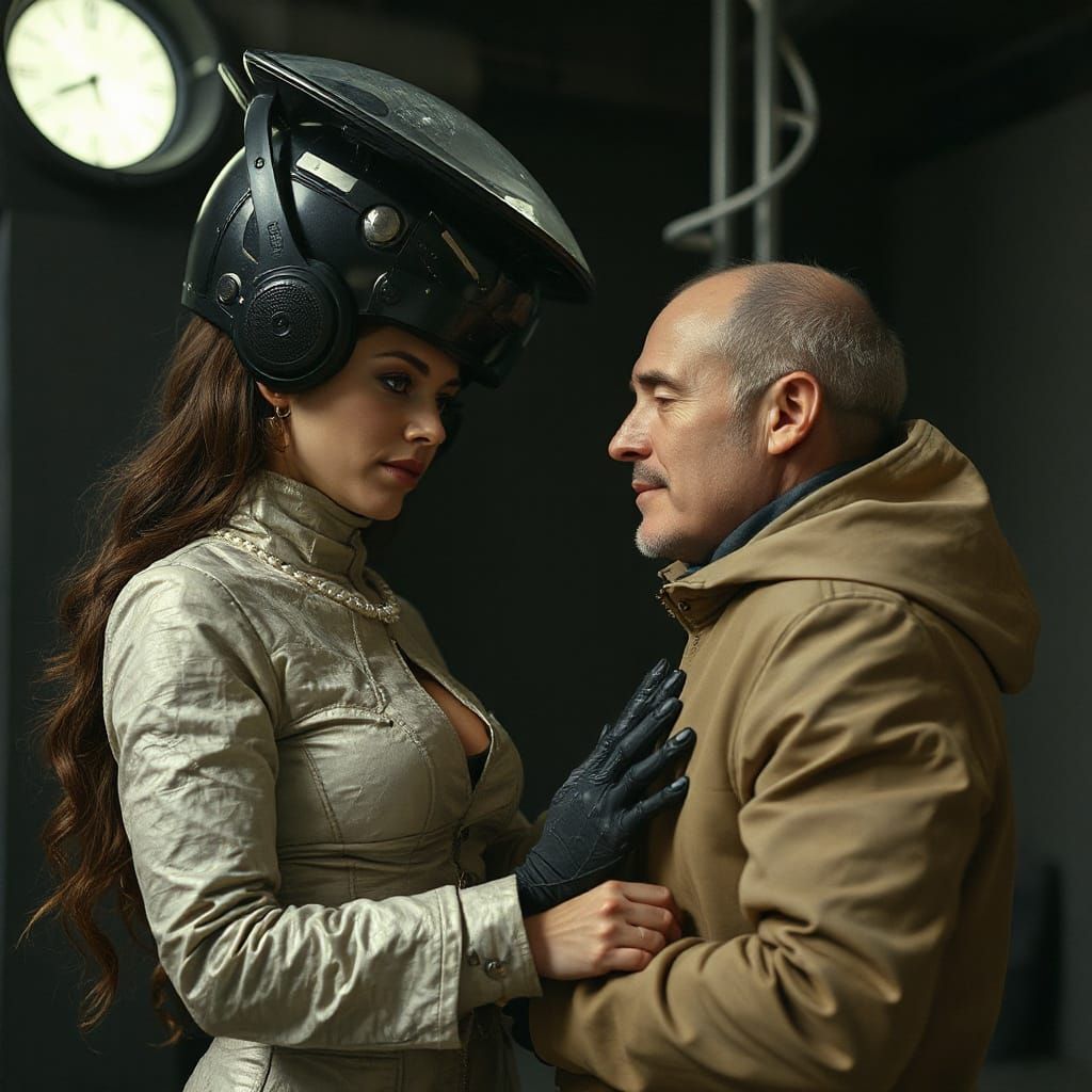 Alien Woman and Subdued Man in Dark Dystopian Scene