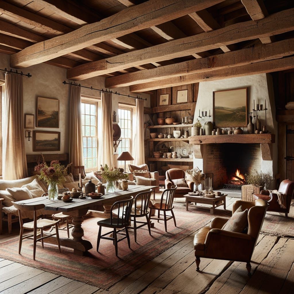 a warm and inviting rustic farmhouse interior with a cozy, l...