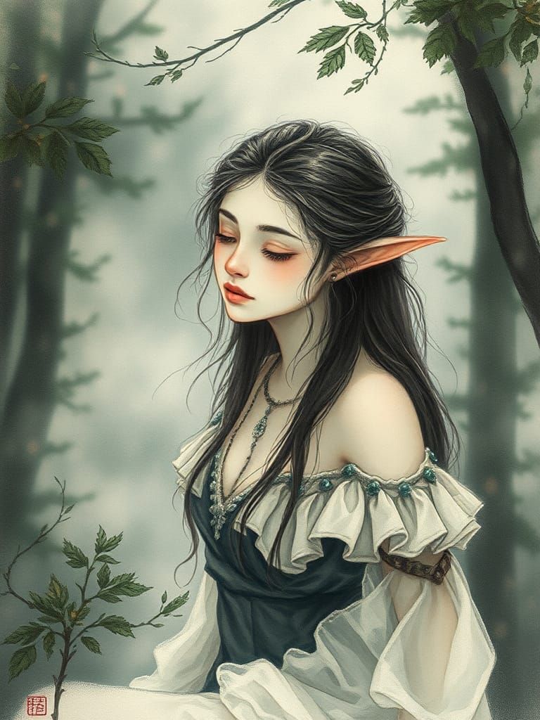 Ethereal Elfin Maiden in Misty Forest, Sumi-e Drawing