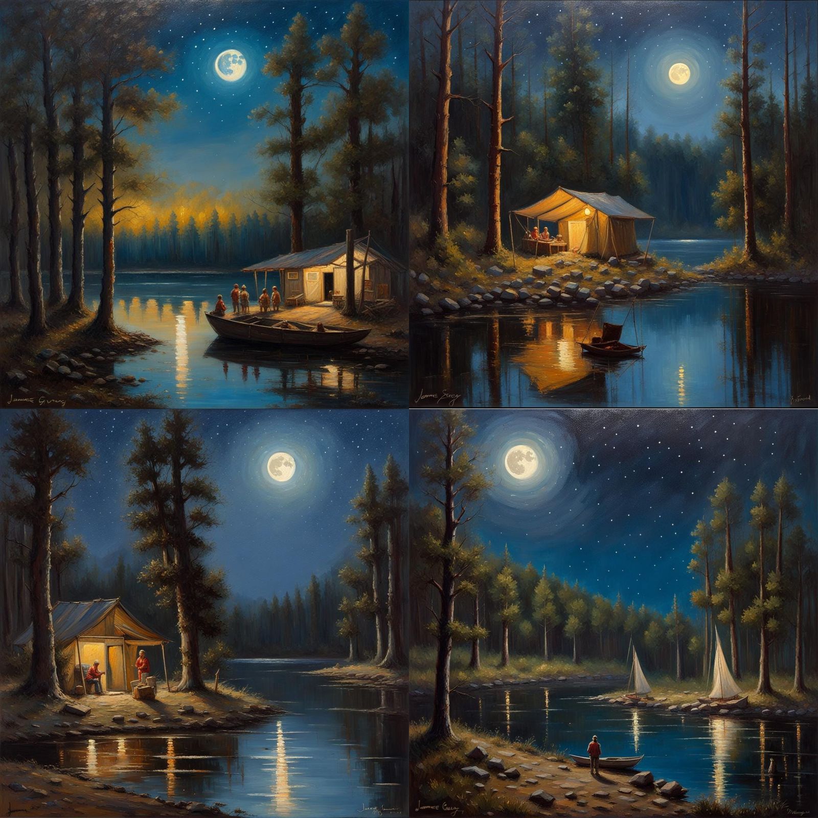 Night Lake Campfire Under Moonlight, Oil Painting