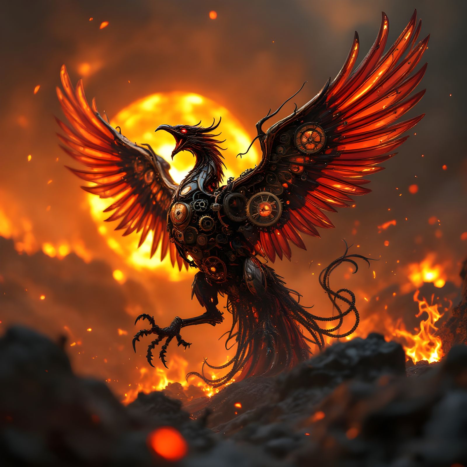 Steampunk Clockwork Phoenix Rising from Ashes