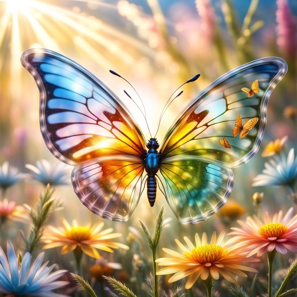 Glass Winged Butterfly Flight in Hyperdetailed Meadow