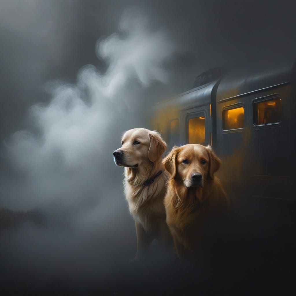 Golden Retrievers in a Dreamy, Whimsical Landscape