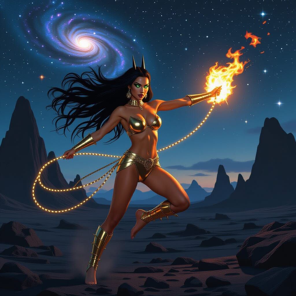 Woman with Flaming Hair and Golden Lasso on Alien Planet