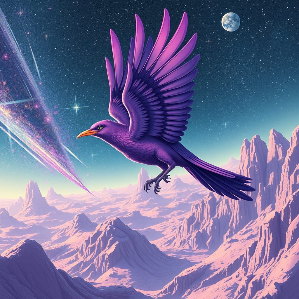 Purple Bird Soaring Through Starry Galaxy
