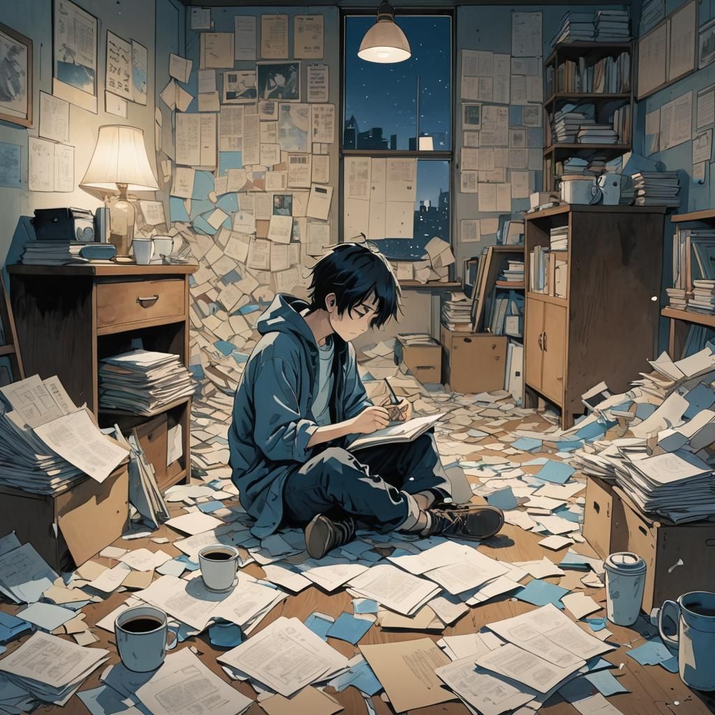 Melancholic Teenager in Dim Room: Manga Style