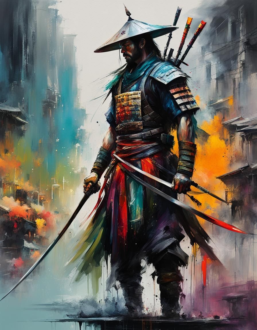 Energetic japanese warrior painting-style