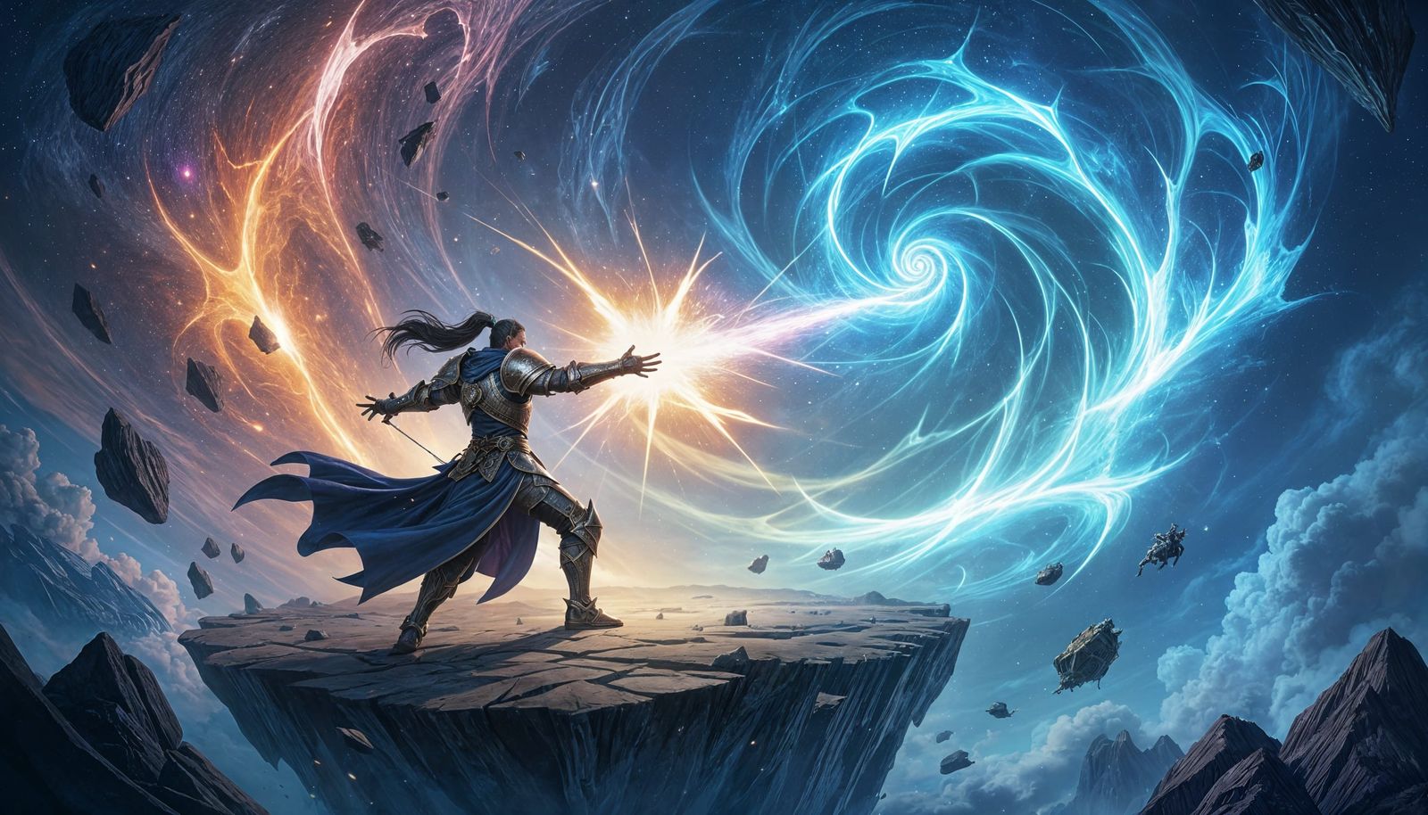 Epic Fantasy Knight Duel Amidst Cosmic Vortex