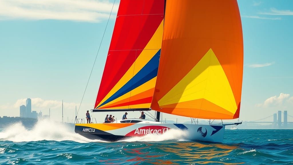 Electric America's Cup Sailing Boat in Full Sail with Spinna...