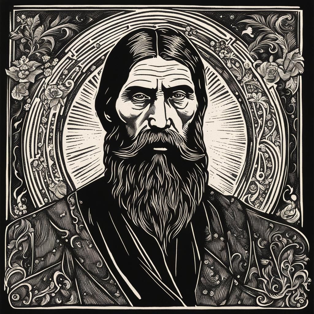 Rasputin Portrait in Linocut Style