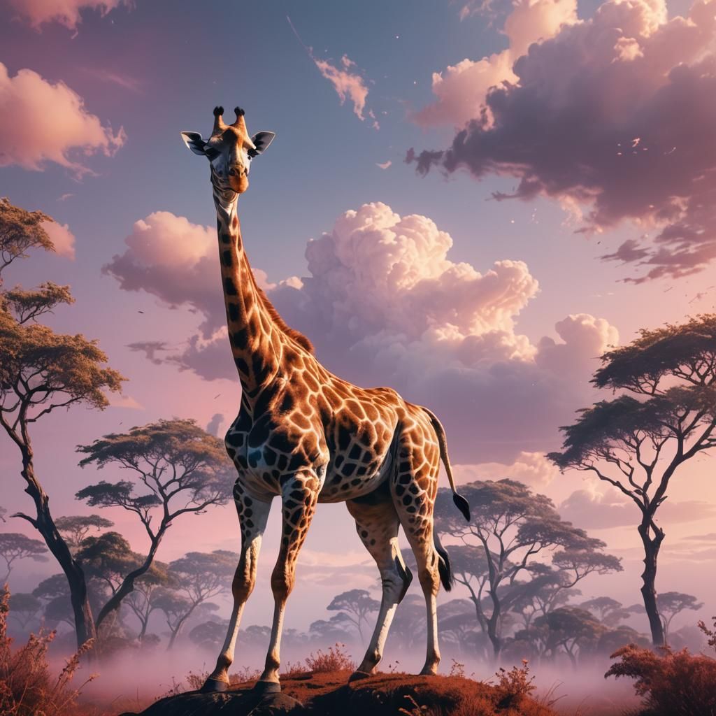 Giraffe in Serene Hyper-Realistic Vaporwave Landscape