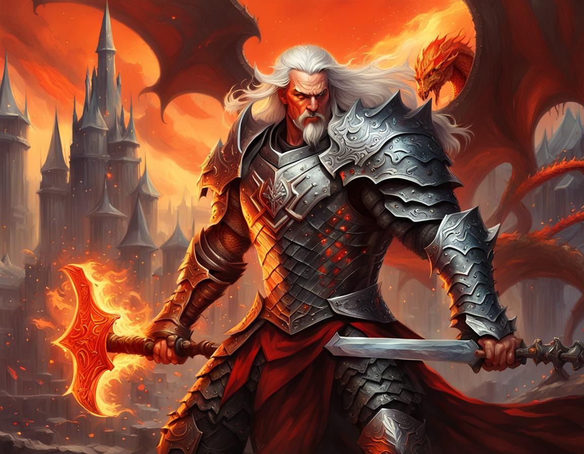 Warrior with Flaming Hammer in Dark Fantasy Cityscape