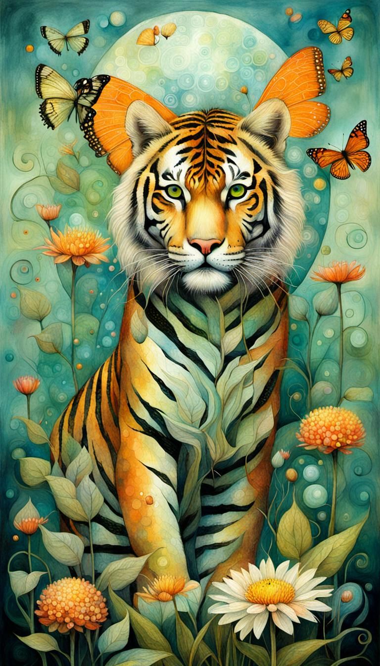 Iridescent Fairy Tale Scene with Tiger