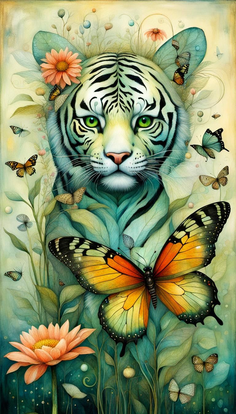 Fantasy Tiger with Butterflies and Luminous Spheres