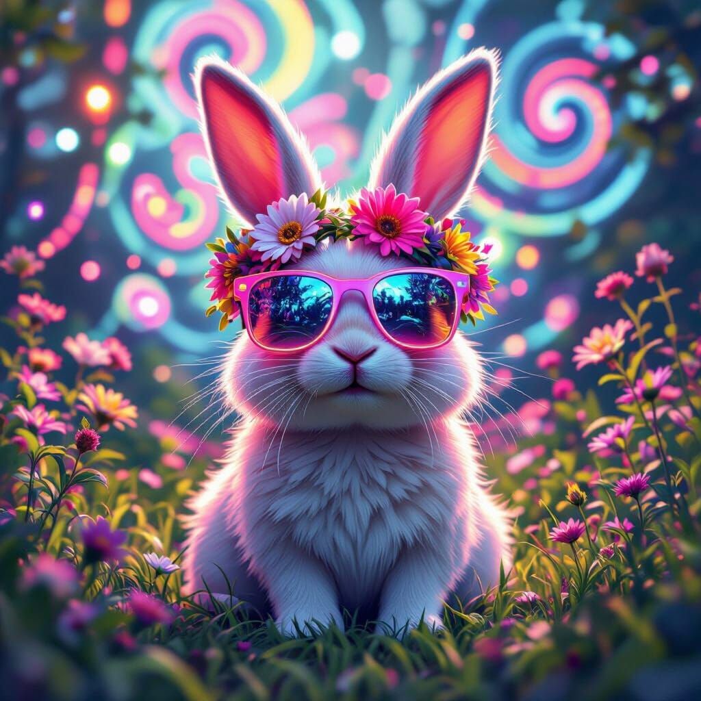 Psychedelic Bunny at Outdoor Party in Surreal Style