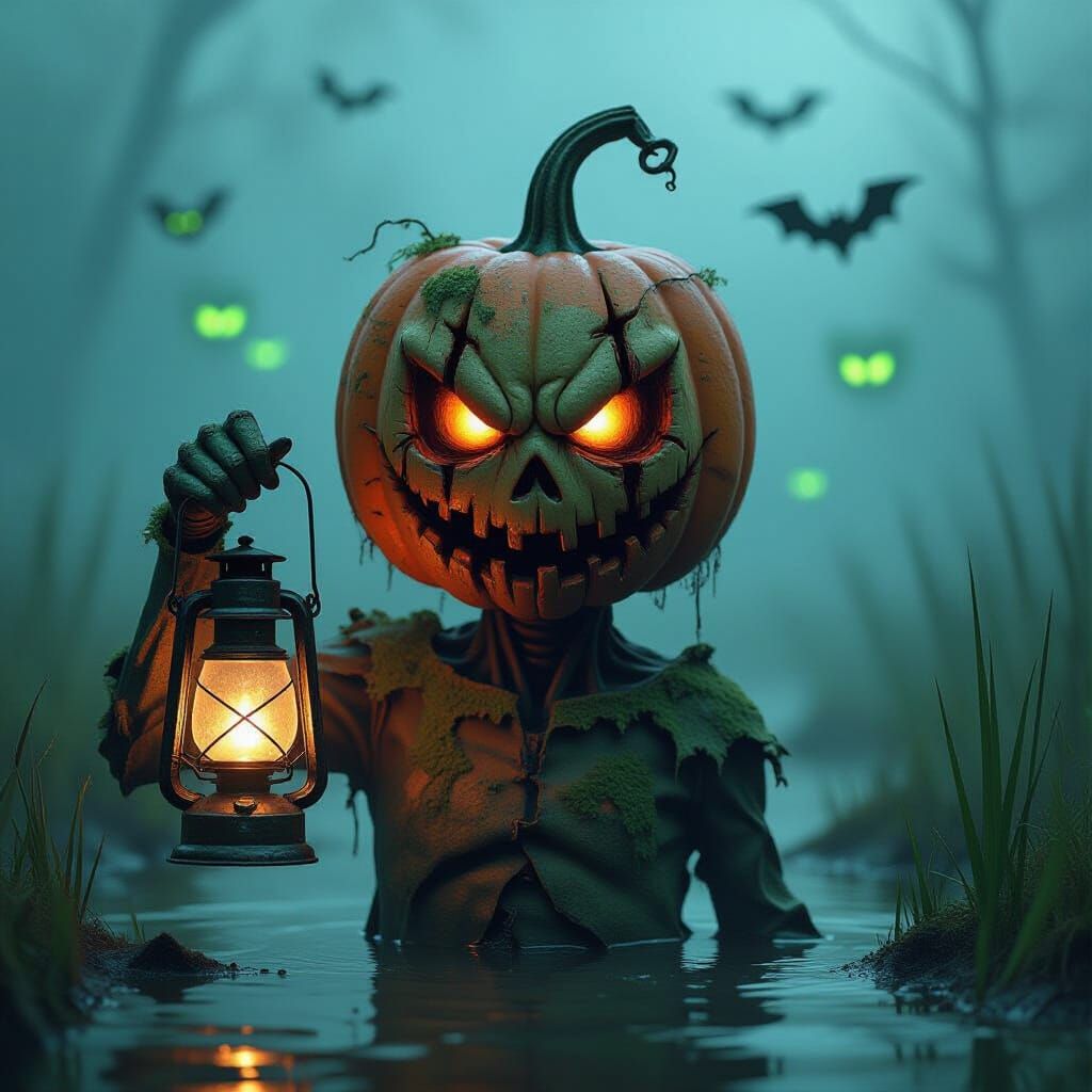 Creepy Pumpkin Head in Misty Marsh