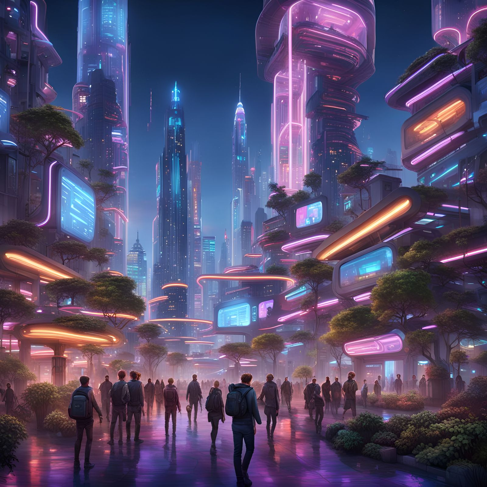 Futuristic Cityscape with Androids and Neon Lights