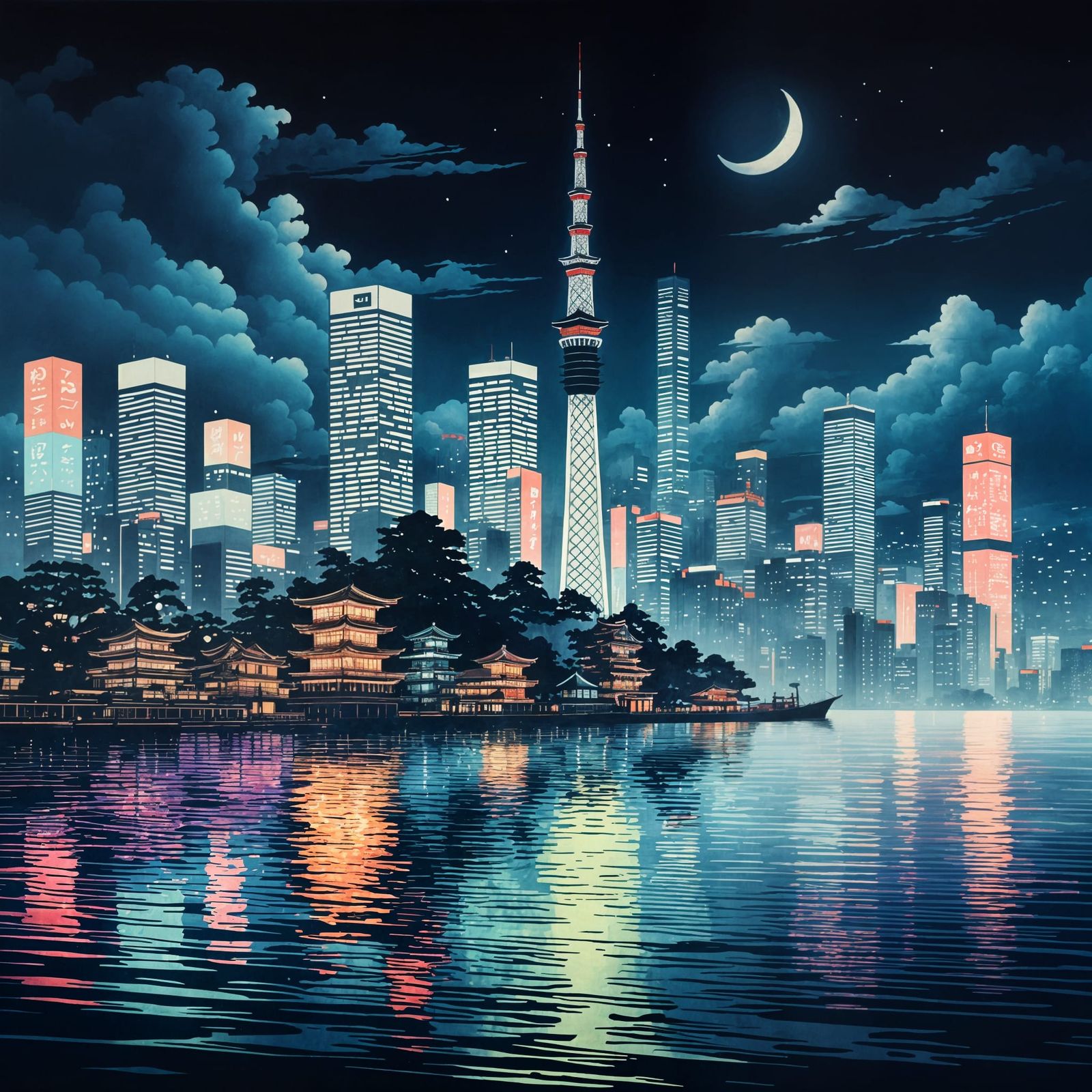 Tokyo Skyline at Night in Ukiyo-e Style