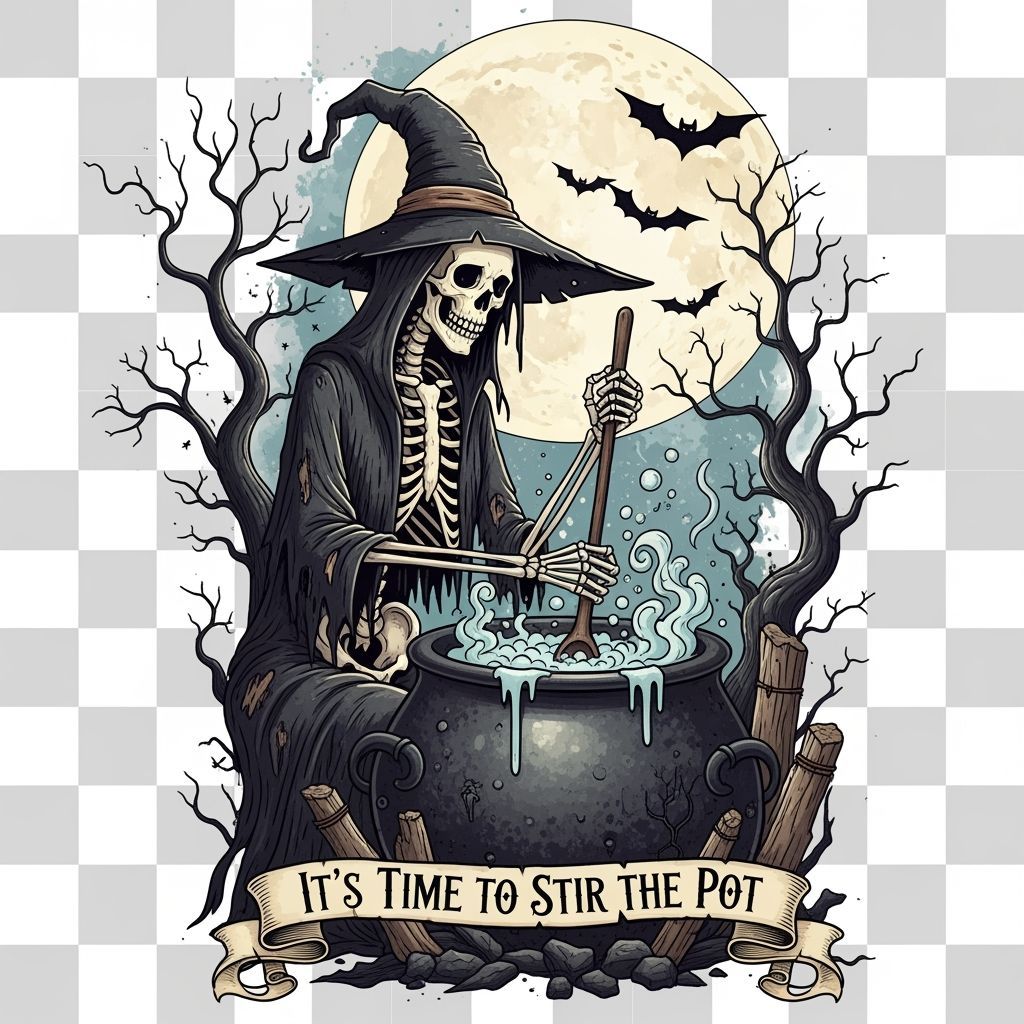 Skeleton Witch Stirring Cauldron in Gothic Style