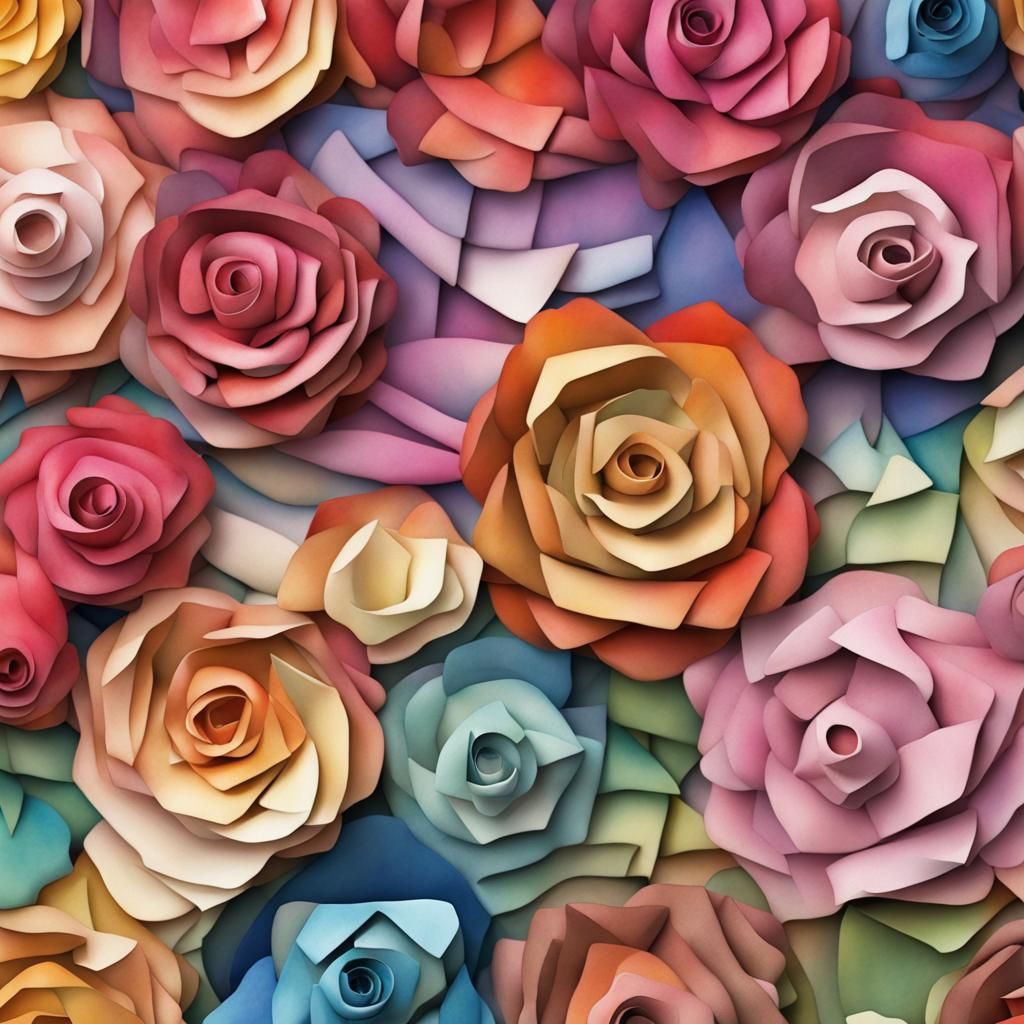Junk Journal Background, 3d Abstract Shapes Mosaic Watercolor, Joseph Coat Rose Flower Color Palette, Deep Layered 3d Sh...