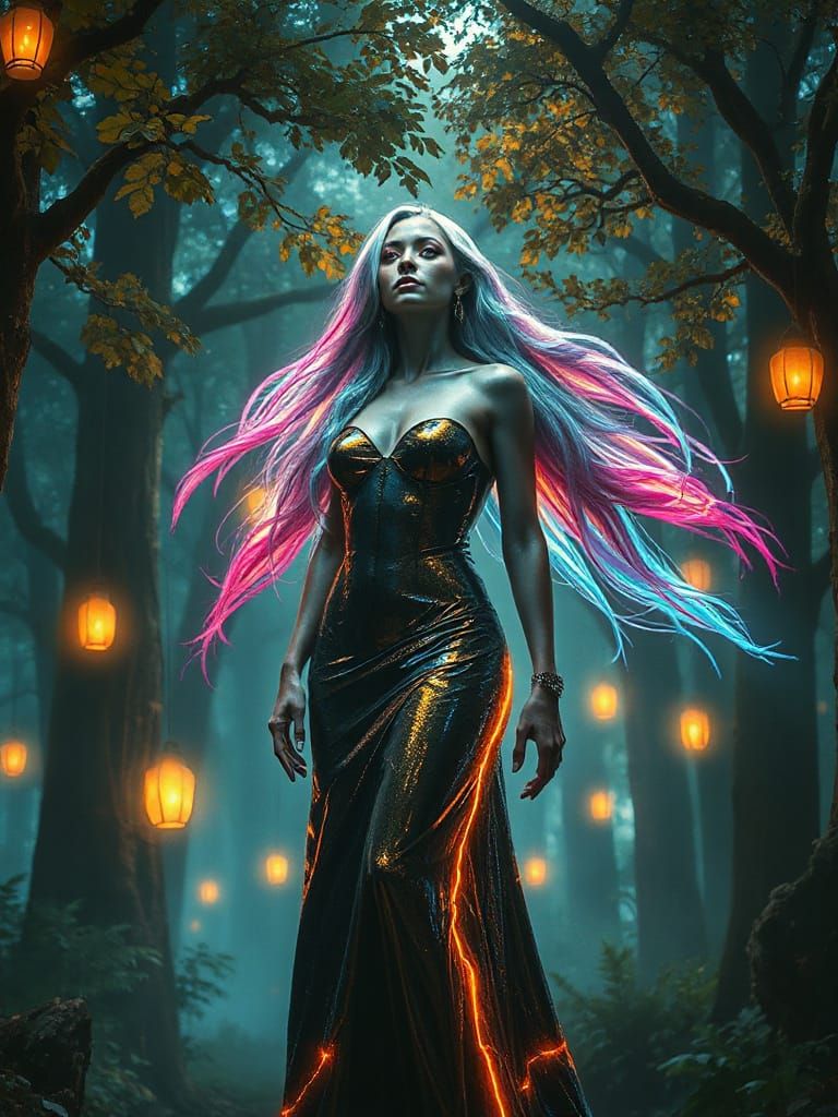 Metallic Woman in Enchanted Forest with Bioluminescent Hair