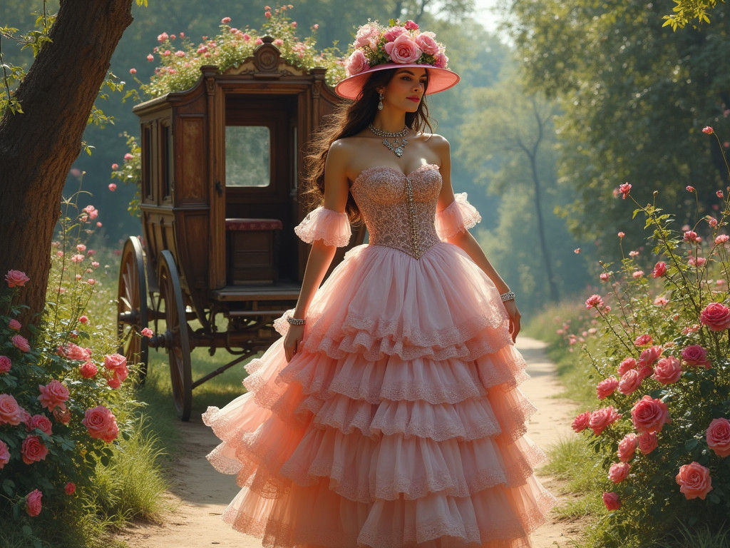 Victorian Lady in Rose Garden, Oil Painting Style