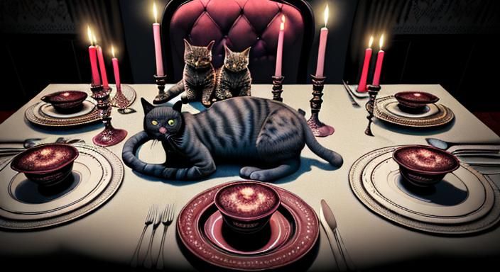 a cat eating a brain on a fancy dinner table set with fine c...