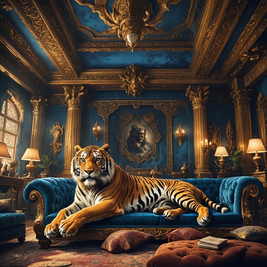 Saber-Toothed Tiger in Ornate Living Room