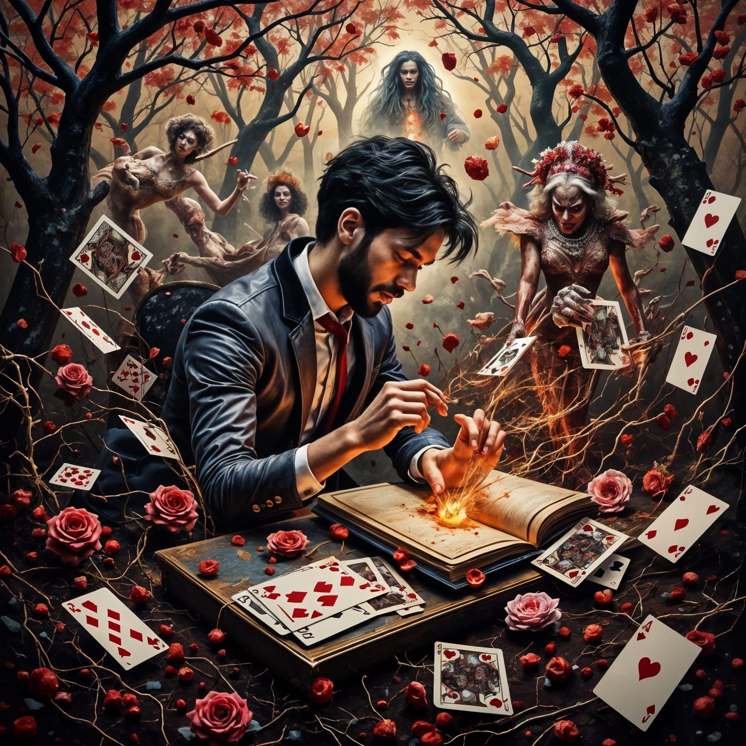 Surreal Queen of Hearts Portrait in Vibrant Oil Paint Style