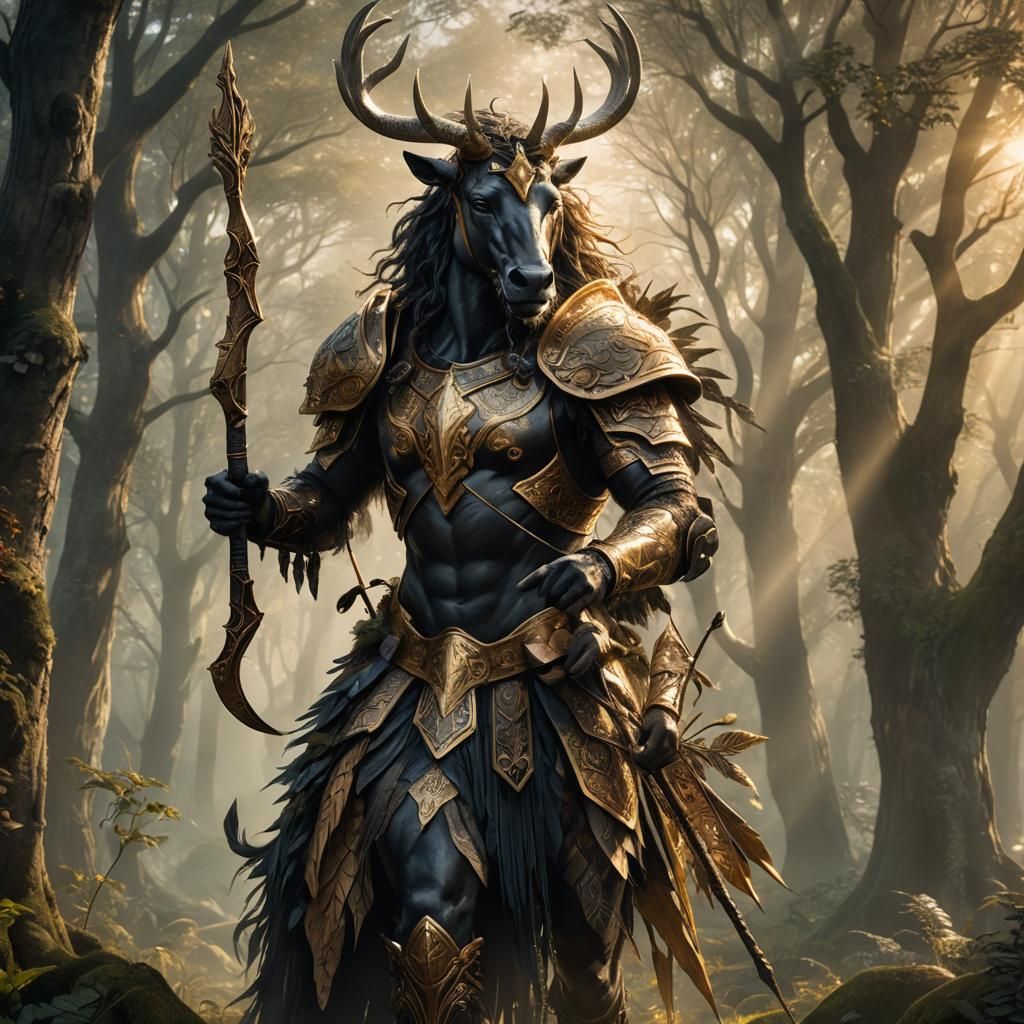 In the enchanted forest clearing, a majestic Centaur stands ...