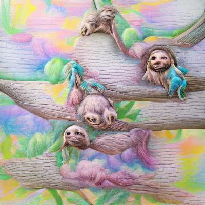 Pastel Sloths Hanging in Trees Detailed