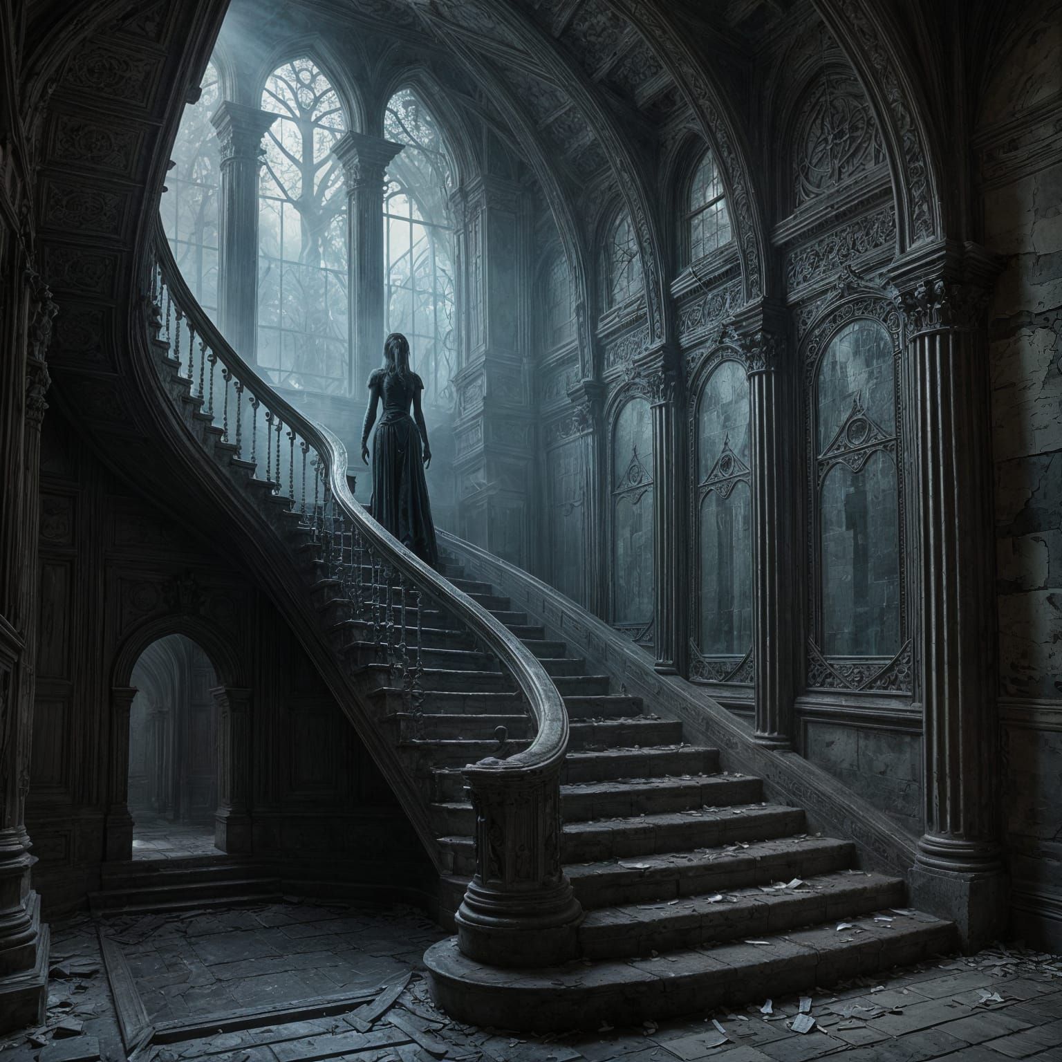 Ethereal Abandoned Castle with Worn Staircase and Ghostly Fi...