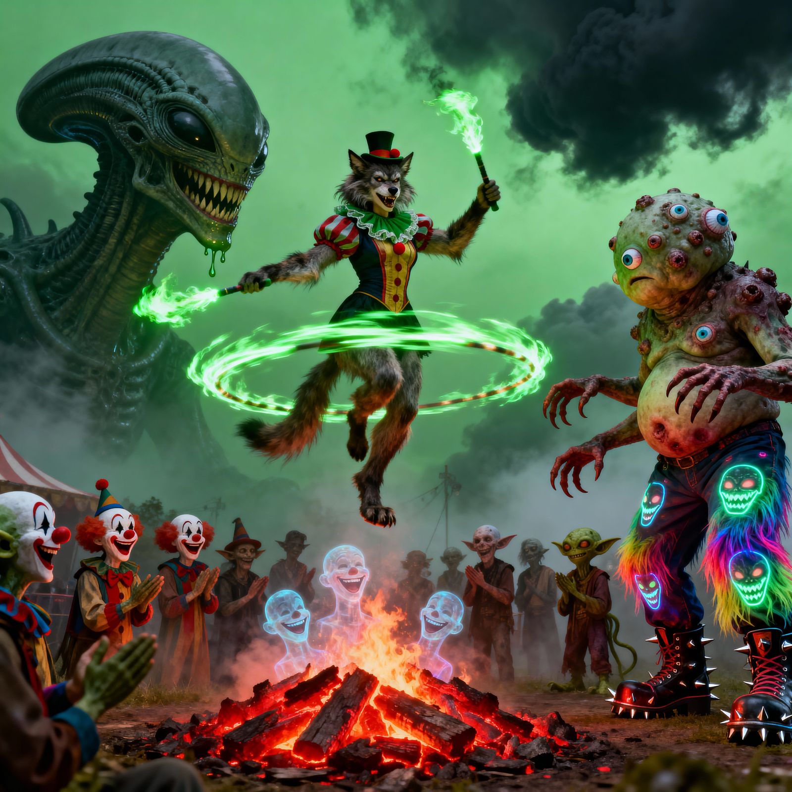 Eerie Vaudeville Werewolf Clown with Flaming Batons