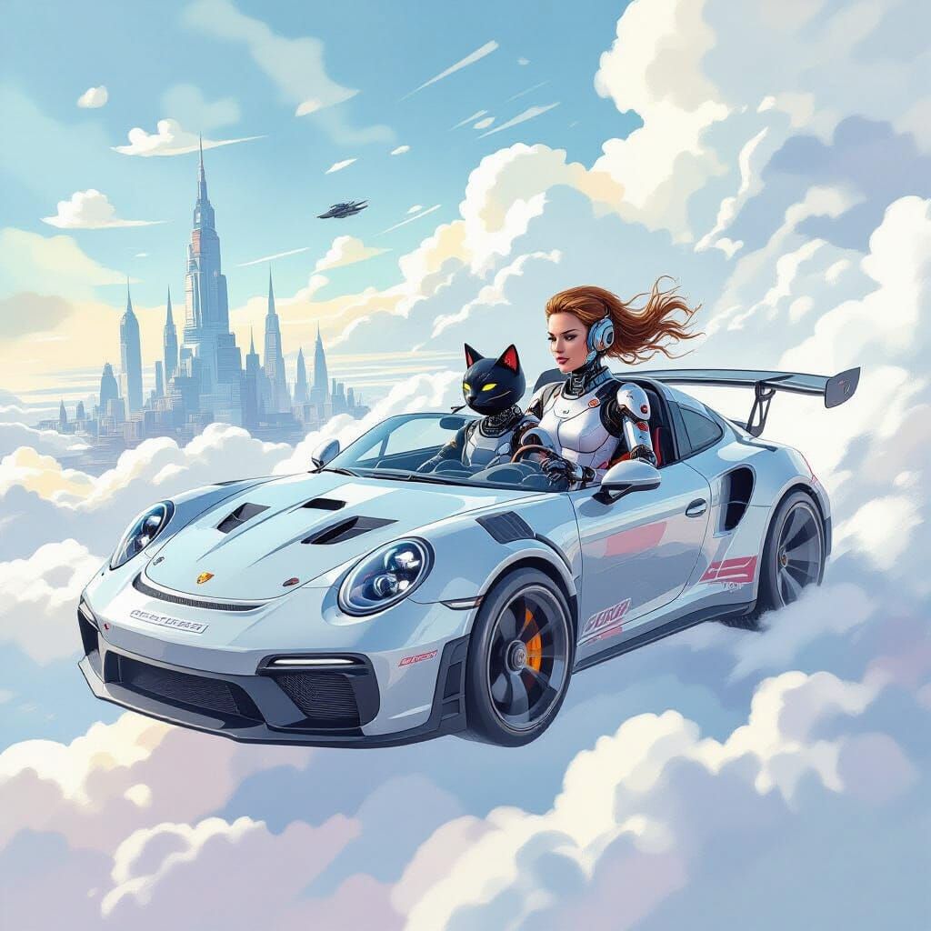 Cyborg Woman and Cat in Flying Cyberpunk Car