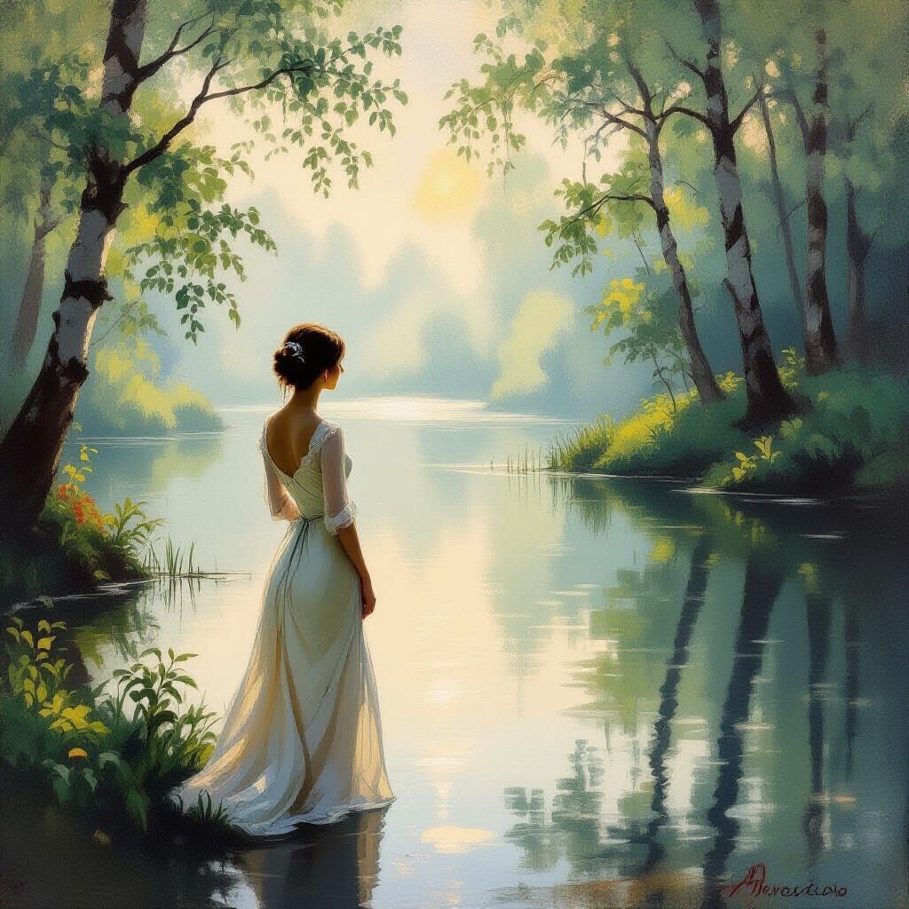 Woman Reflecting in Misty Forest Lake: Impressionistic Style