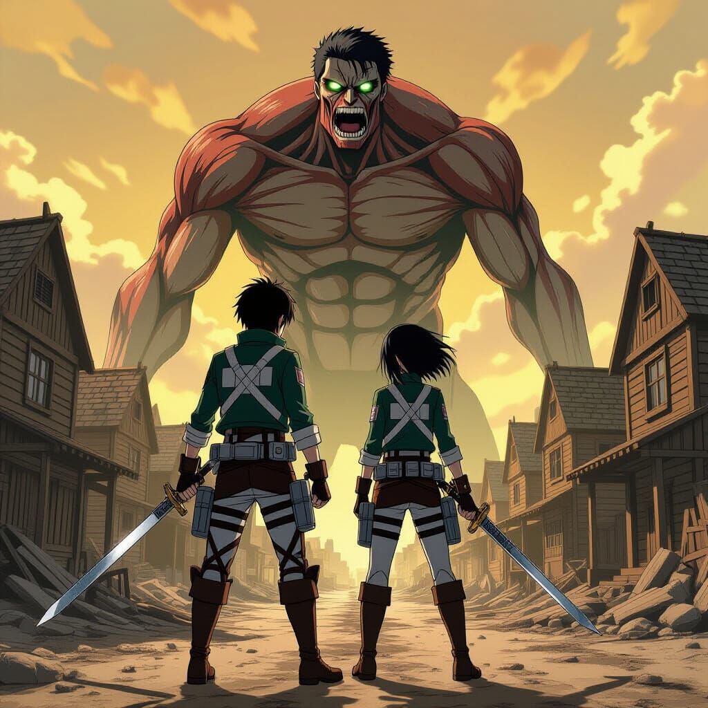 Eren and Mikasa vs. Colossal Titan in Anime Style