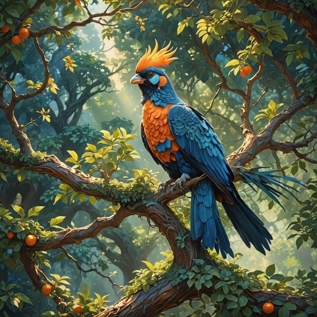 Vibrant Bird on Tree Branch, Fantasy Matte Painting