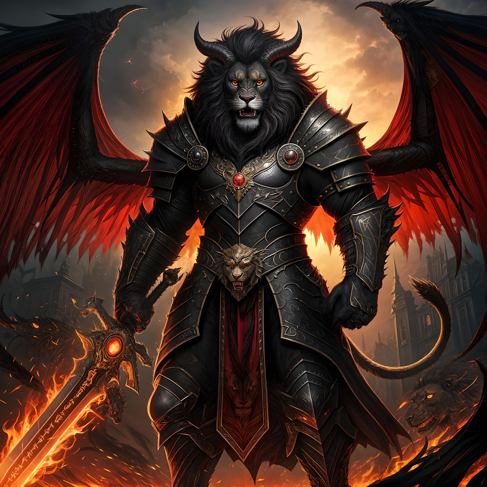 Muscular Were-Lion Demon Hybrid with Fiery Sword