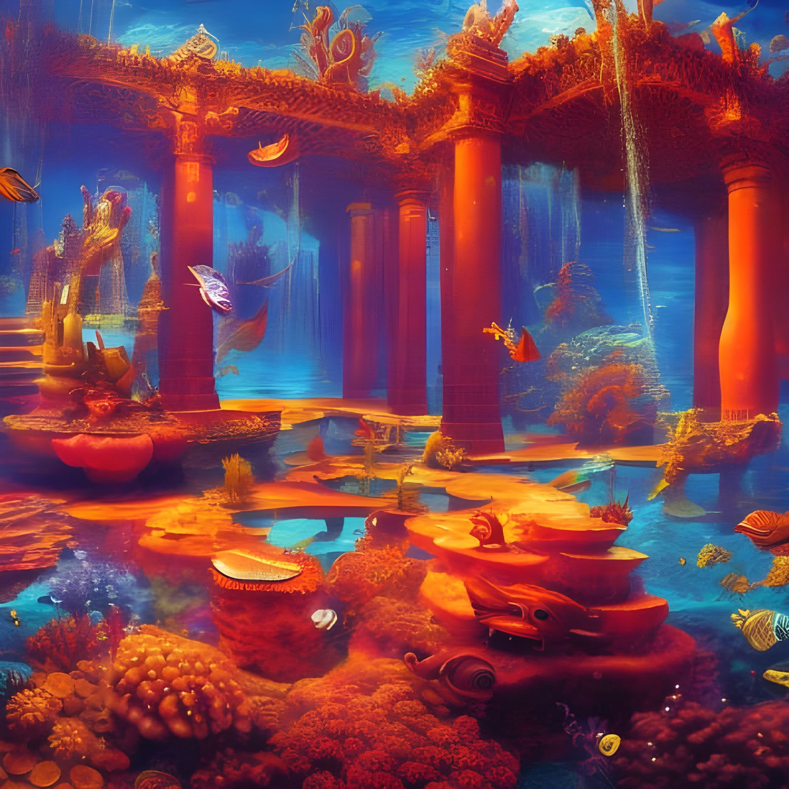 Underwater Temple in Lassen Style with Colorful Fish