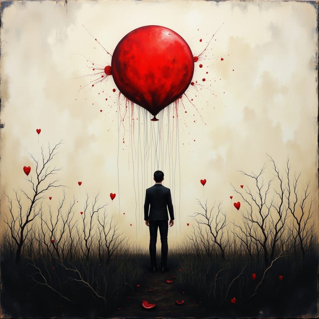 Junk-Core Meadow: Silhouettes and Red Balloons, Abstract Art
