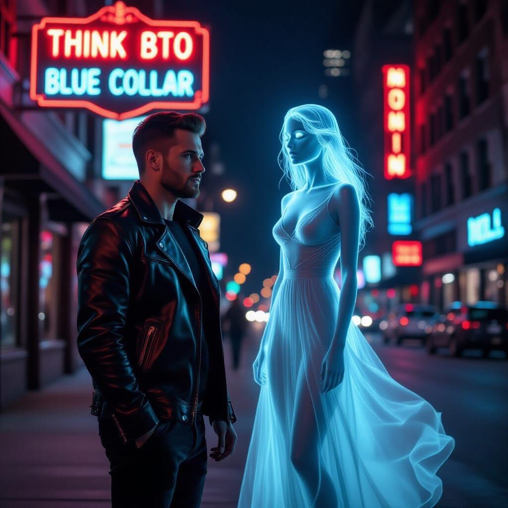 Chicago Rush Street: Ghostly Woman in Neon Glow