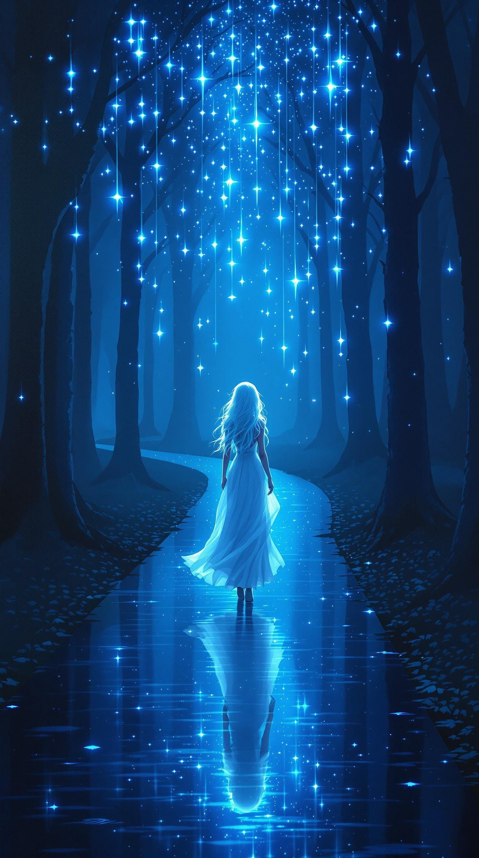 Ethereal Forest Path Illuminated by Falling Blue Light