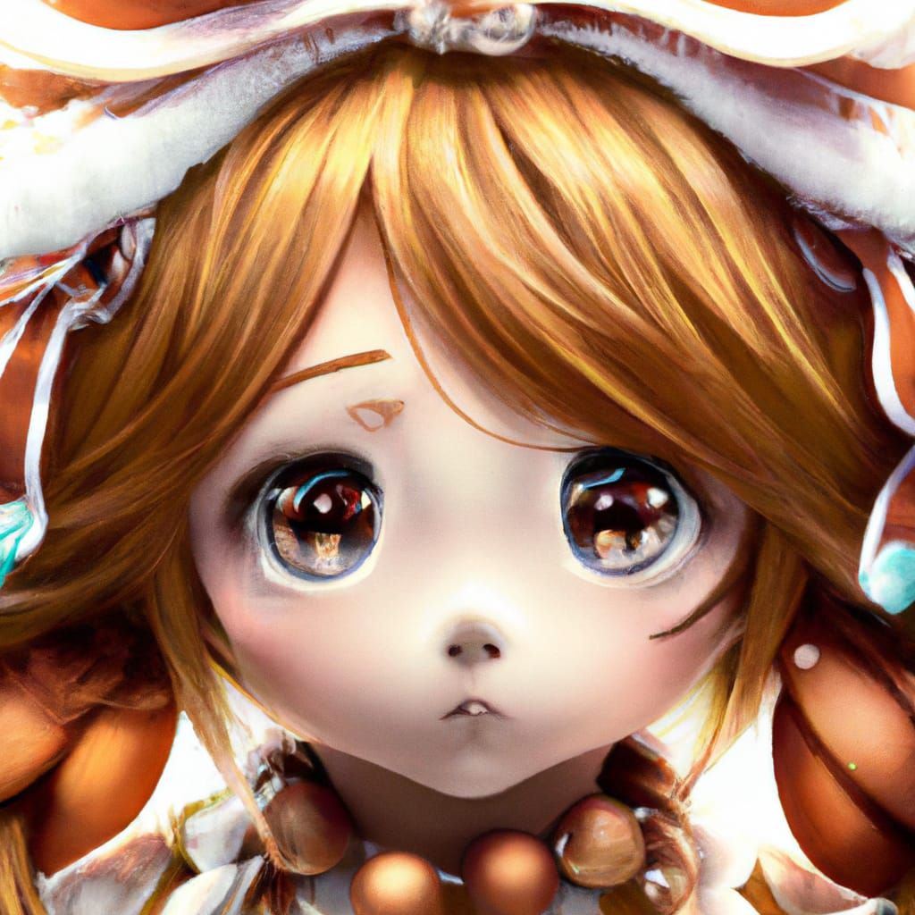 Kawaii Anime Elf in Gingerbread Dress, Digital Art