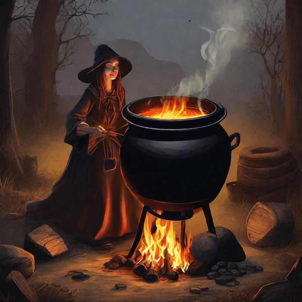 Mystical Witch Stirs Brew Over Open Flame